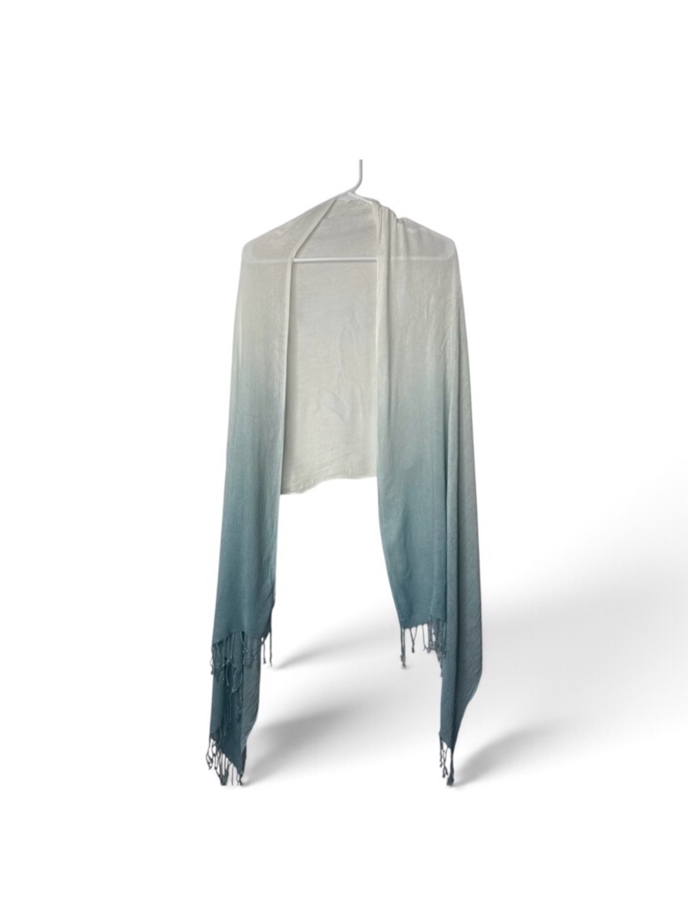 Prana Scarf Shawl Wrap Lightweight Knit Soft Blue White Ombré Fringe Bohemian